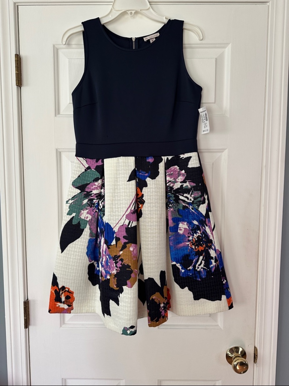 Sleeveless Navy Bodice Floral Fit-and-Flare Dress